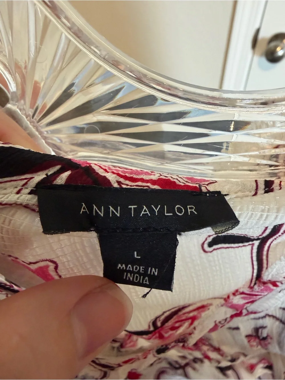 Ann Taylor Cream Blouse with Pink Floral Ruffle Yoke and Black Vine Detail